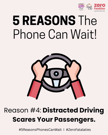 Two hands grasping a steering wheel with the words, distracted driving scares your passengers.